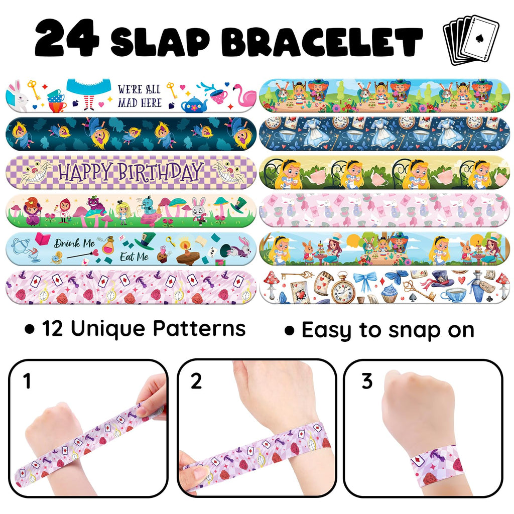 BOIKOKY 96 PCS Alice in Wonderland Party Favor Set – 72 Tattoos & 24 Slap Bracelets for Kids