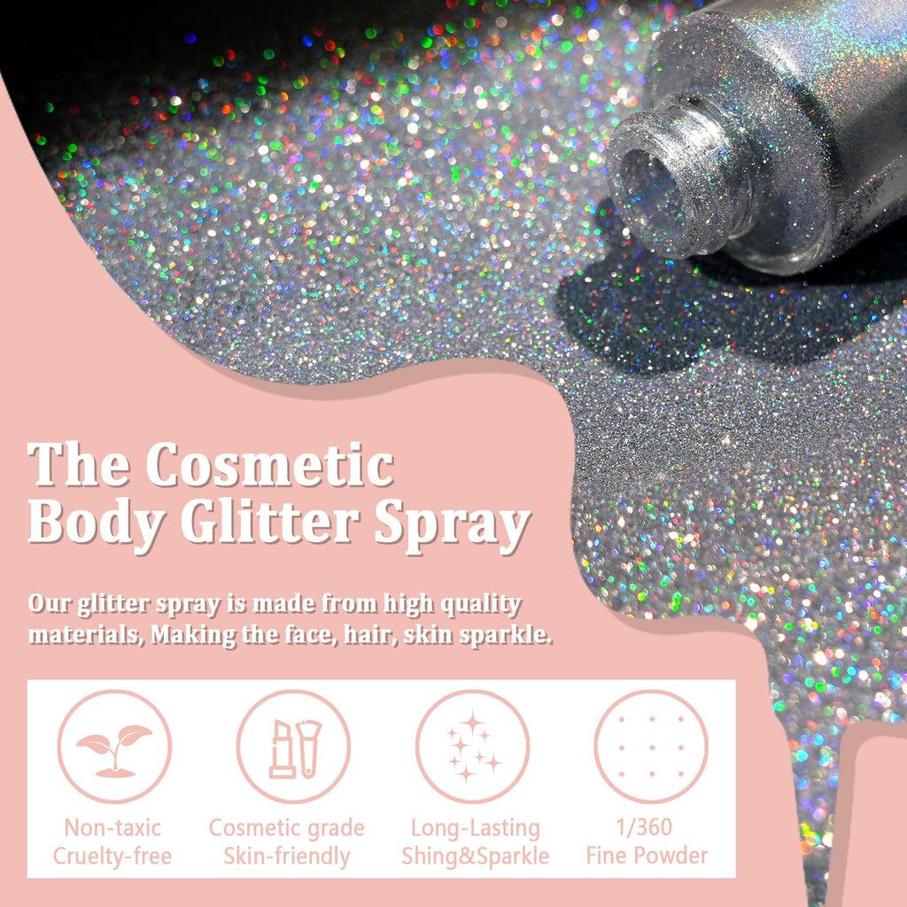 Boko Body Glitter Spray – Holographic Silver Sparkle for Face, Hair, and Clothes