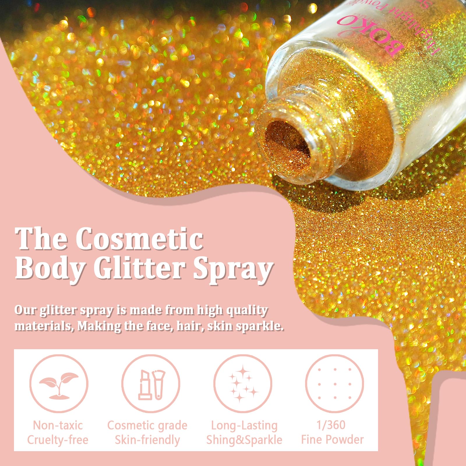 Boko Body Glitter Spray – Holographic Gold Glitter for Body, Hair, Face & Clothes | 8 Colors