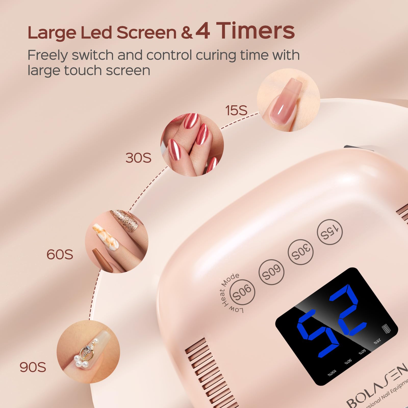 BOLASEN Cordless UV Nail Lamp 54W - Fast Curing, Rechargeable LED Dryer with Metal Reflector (Pink)