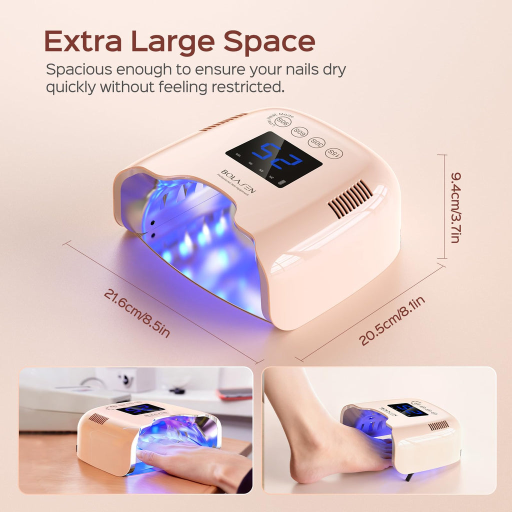 BOLASEN Cordless UV Nail Lamp 54W - Fast Curing, Rechargeable LED Dryer with Metal Reflector (Pink)