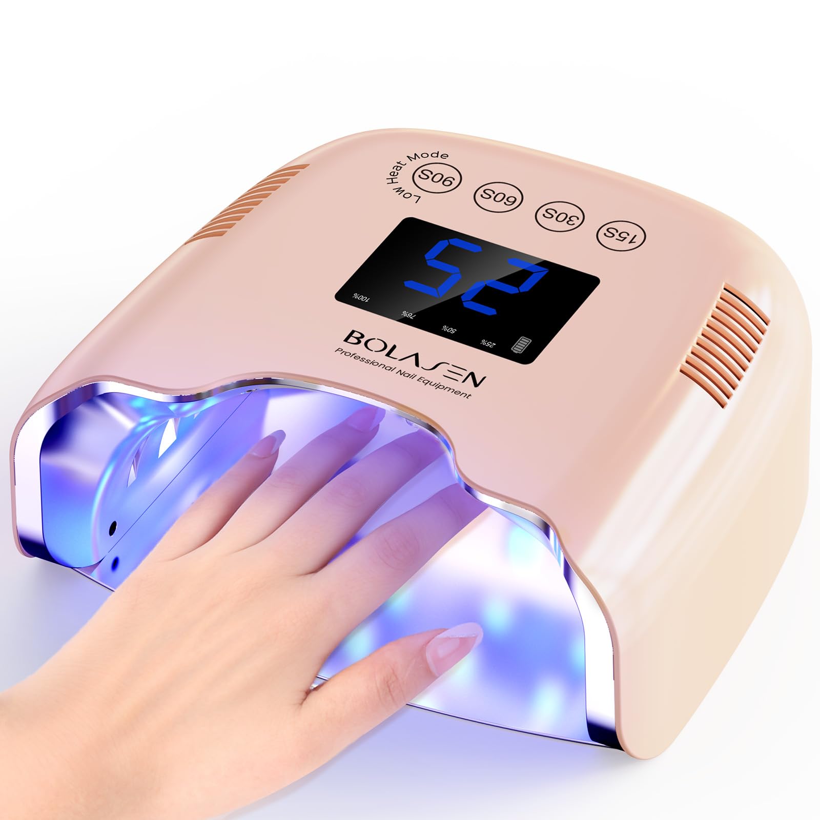 BOLASEN Cordless UV Nail Lamp 54W - Fast Curing, Rechargeable LED Dryer with Metal Reflector (Pink)