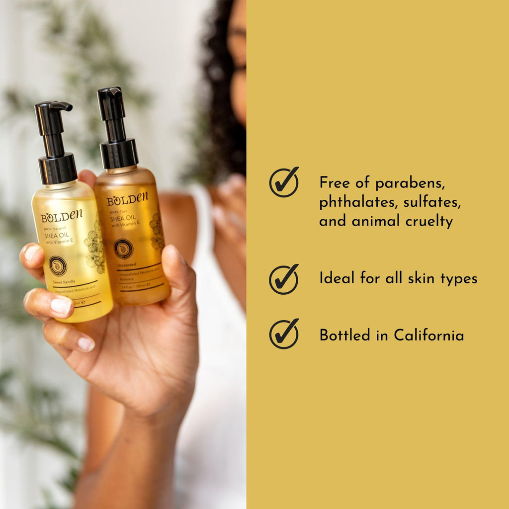 BOLDEN Sweet Vanilla Shea Body Oil with Vitamin E | Lightweight Natural Moisture for Skin & Hair | 3.4 Fl Oz