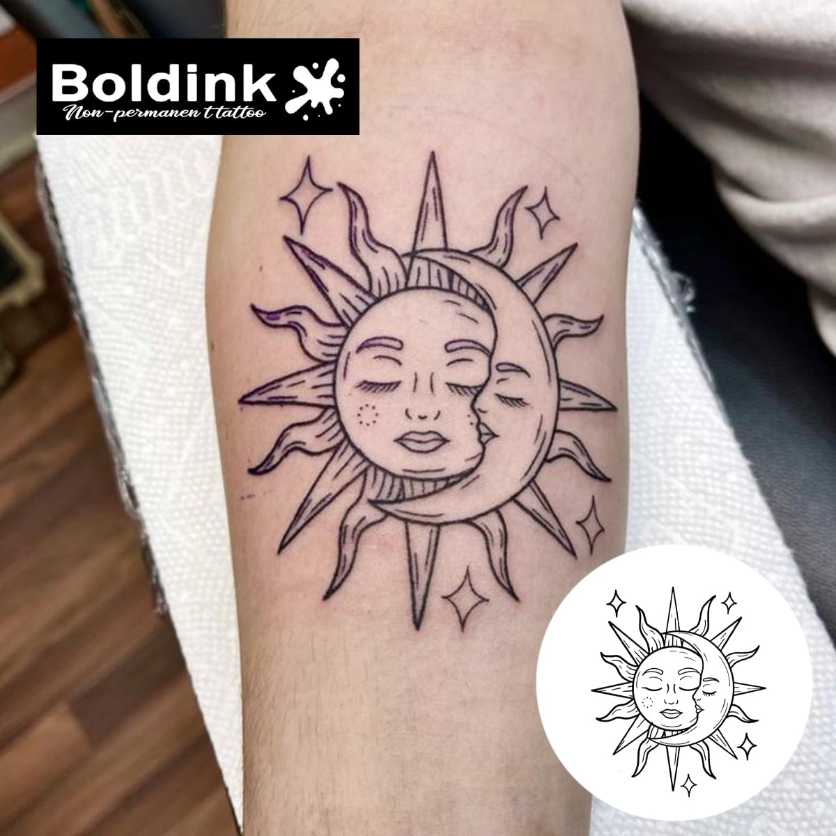 Boldink Semi-Permanent Tattoos – Realistic Waterproof Temporary Tattoos (Sun and Moon 3)