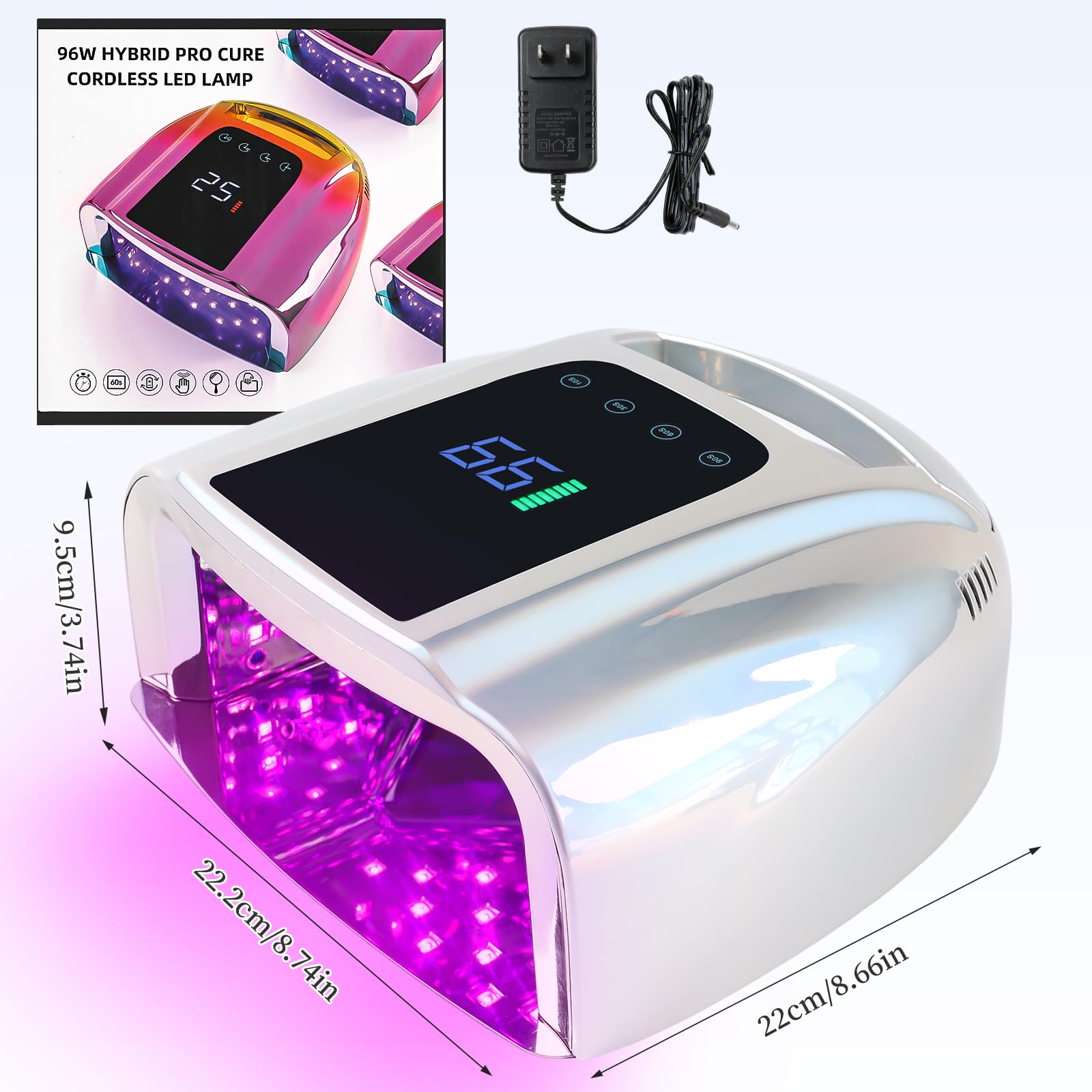 BOMOQING 96W Rechargeable UV LED Nail Lamp – Cordless, LCD, 4 Timers, Smart Sensor