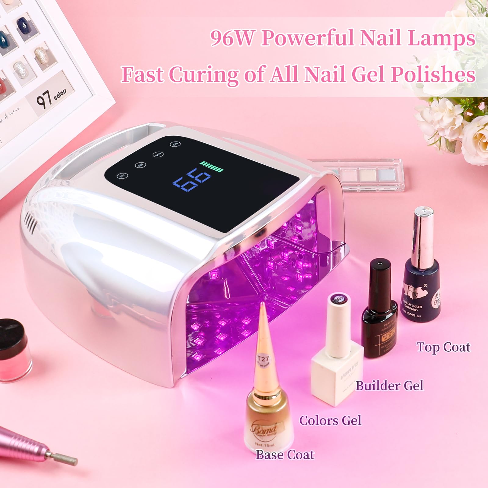 BOMOQING 96W Rechargeable UV LED Nail Lamp – Cordless, LCD, 4 Timers, Smart Sensor