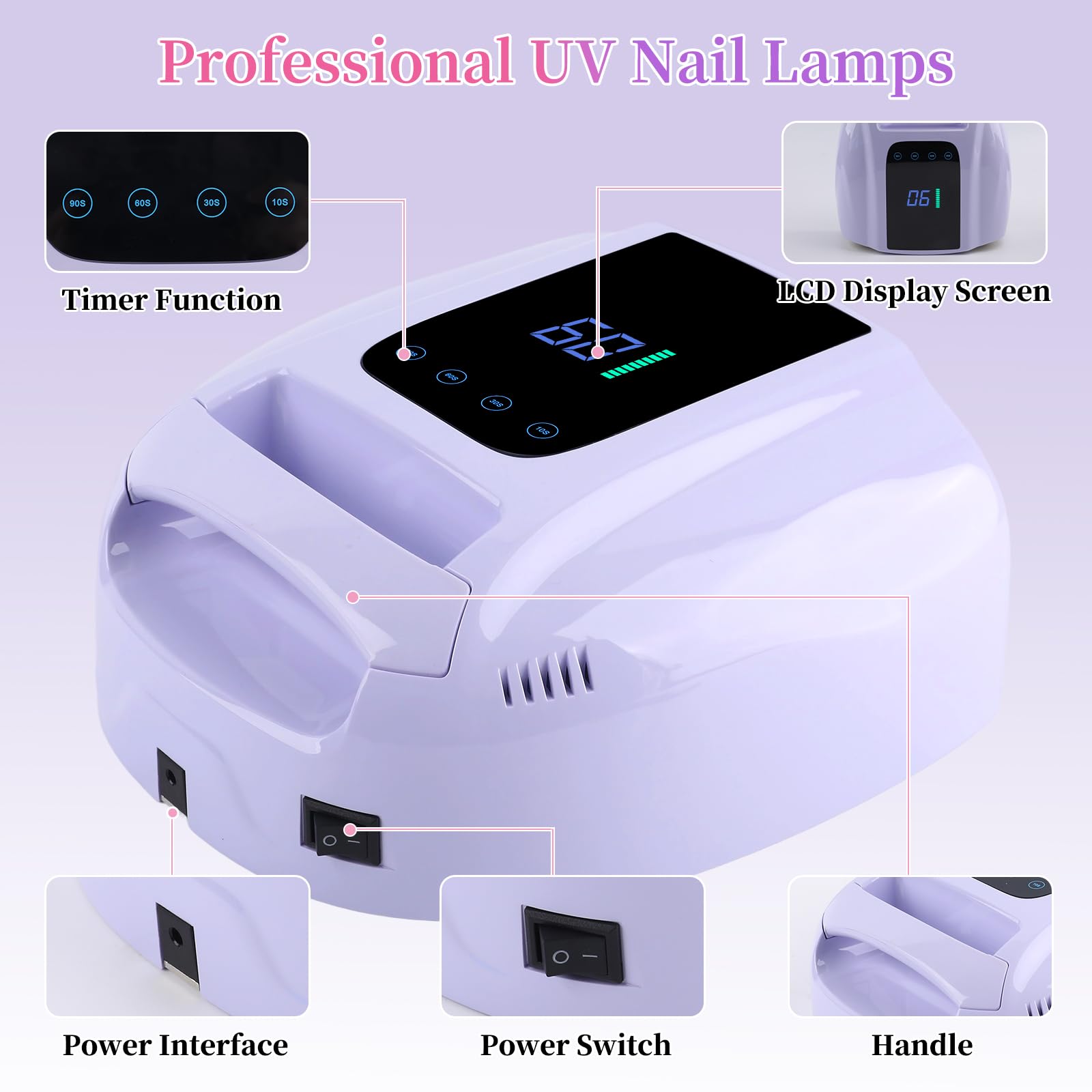 BOMOQING 96W Rechargeable UV LED Nail Lamp with LCD Display, Cordless, 4 Timer Settings - Violet