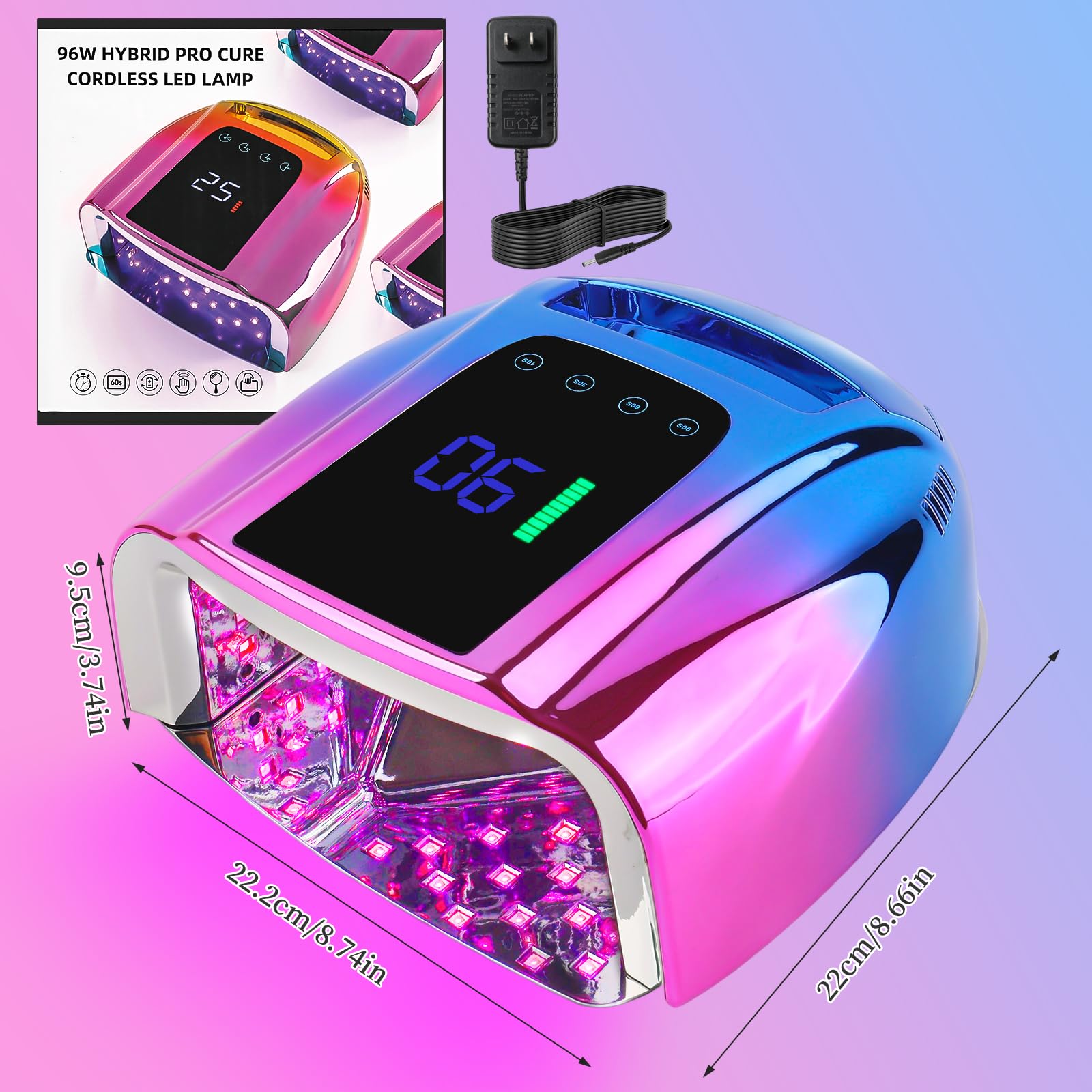 BOMOQING 96W Rechargeable UV LED Nail Lamp with LCD Display – Portable Cordless Nail Dryer