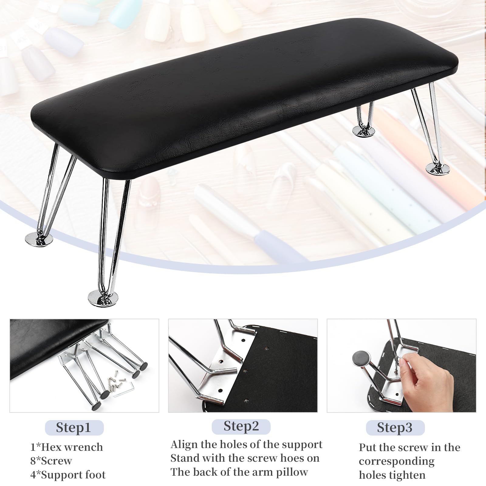 BOMOQING Nail Arm Rest – Microfiber Leather Hand Holder for Manicure, Non-Slip Table Accessory (Black)