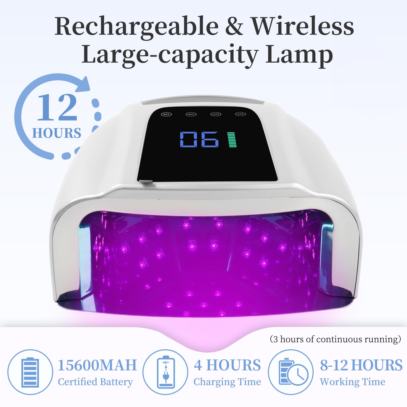 BOMOQING 96W Rechargeable UV LED Nail Lamp – Cordless, LCD, 4 Timers, Smart Sensor