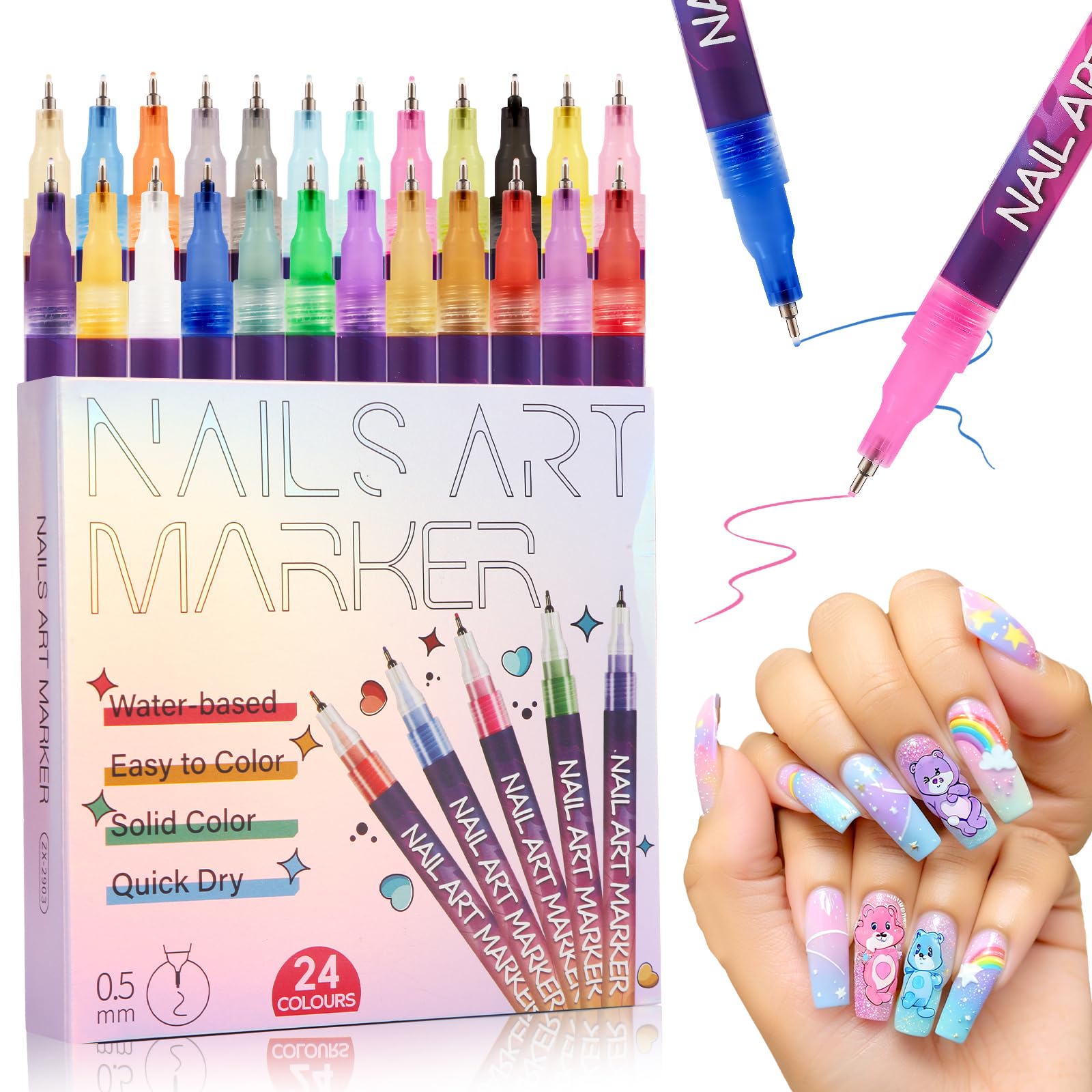 BONTOP Nail Art Pens – 24 Colors, 0.5mm Tip, Waterproof & Quick-Drying