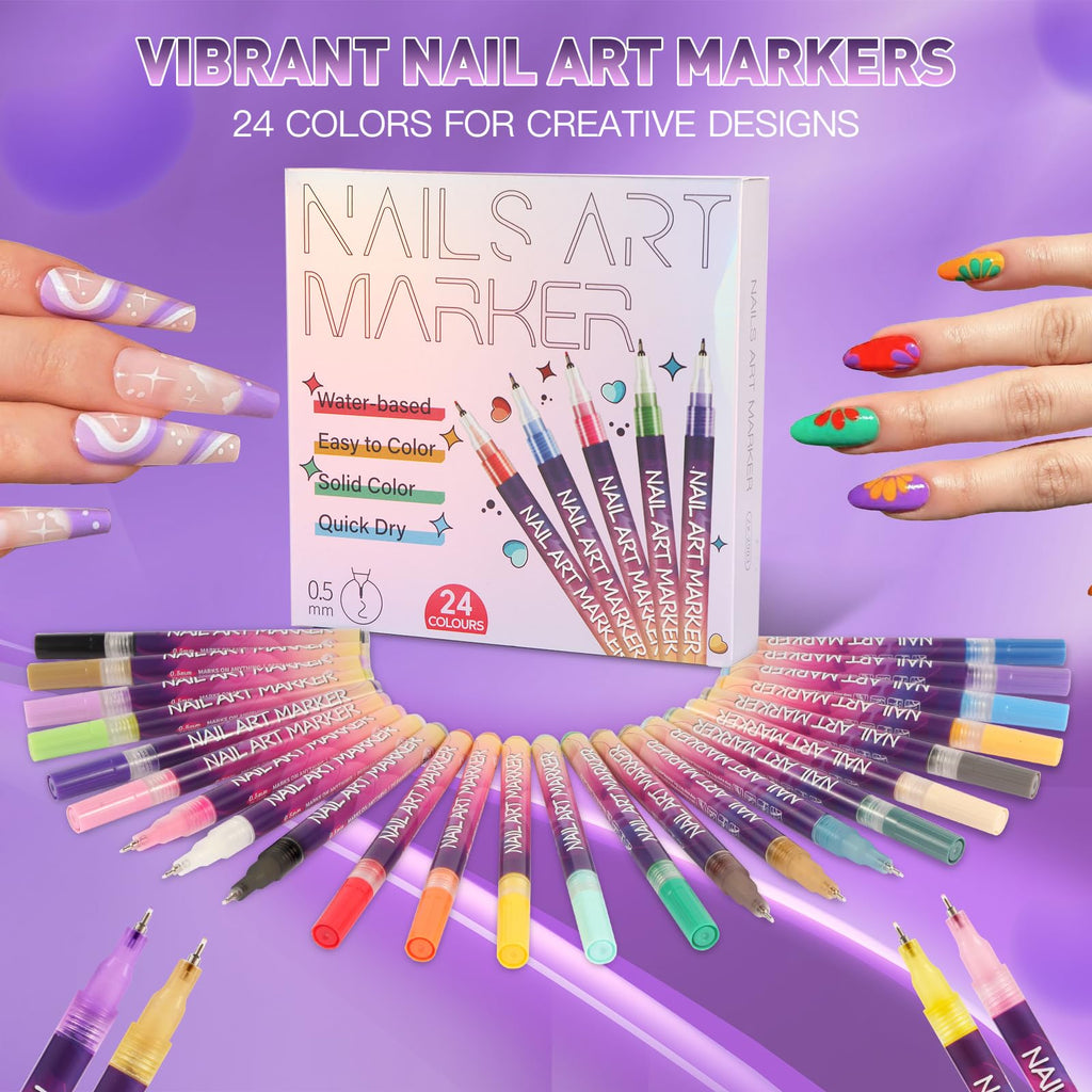 BONTOP Nail Art Pens – 24 Colors, 0.5mm Tip, Waterproof & Quick-Drying