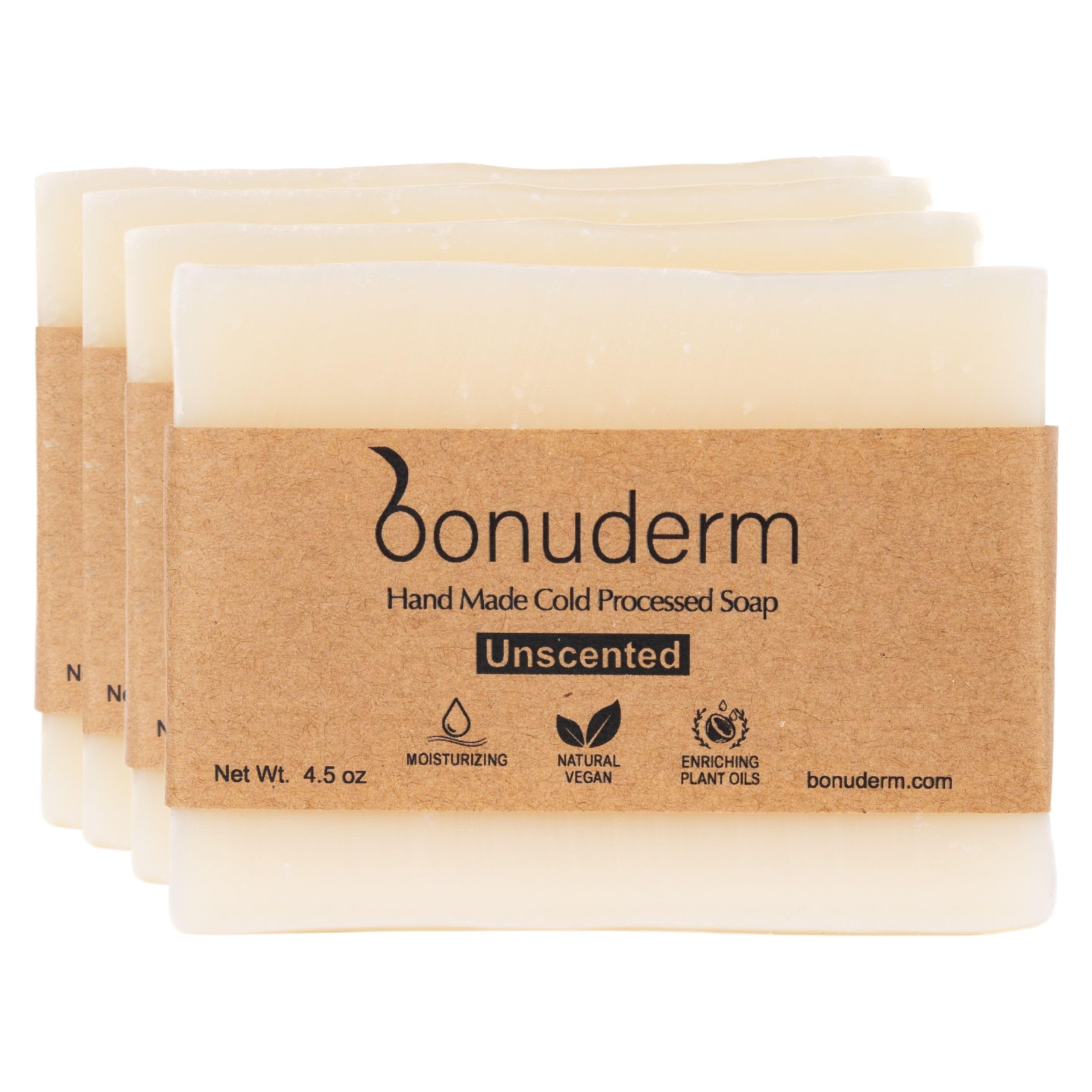 Bonuderm Unscented & Fragrance Free Soap (4-Pack) – Natural Vegan Bar for Sensitive Skin