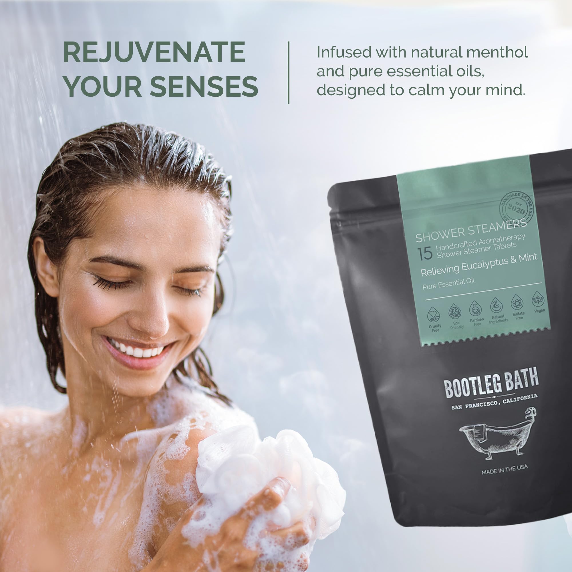 BOOTLEG BATH Shower Steamers - Eucalyptus Aromatherapy 15-Pack, All Natural, Made in USA
