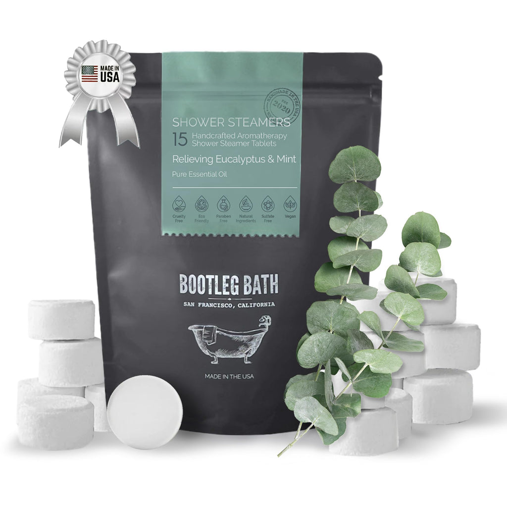 BOOTLEG BATH Shower Steamers - Eucalyptus Aromatherapy 15-Pack, All Natural, Made in USA