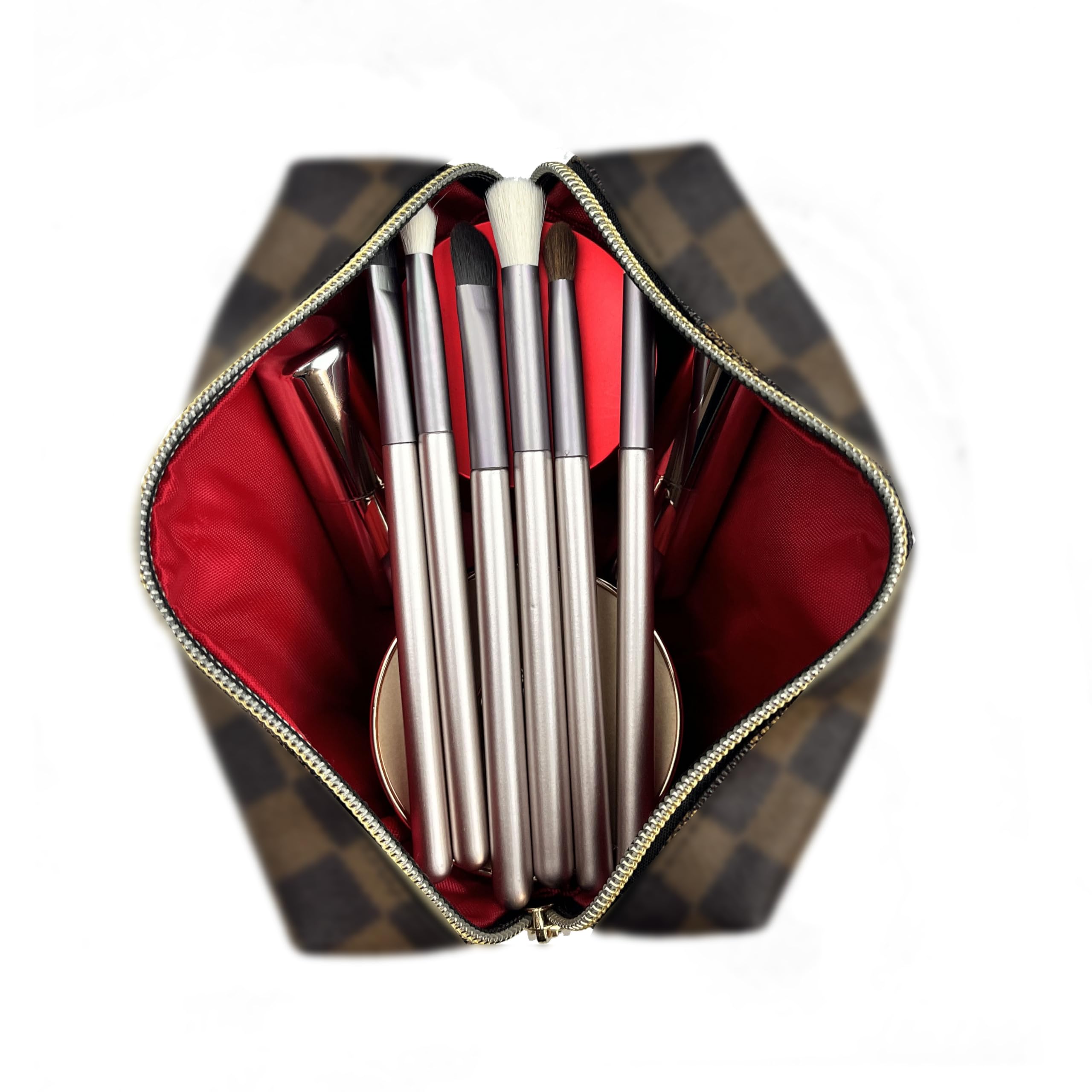bopomofo Brown Checkered Cosmetic Bag 3 Pack – Large Pouch, Brush Holder & Coin Purse, Lightweight & Waterproof