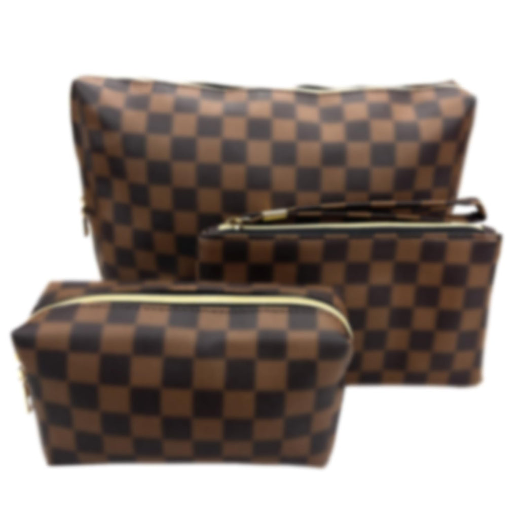 bopomofo Brown Checkered Cosmetic Bag 3 Pack – Large Pouch, Brush Holder & Coin Purse, Lightweight & Waterproof