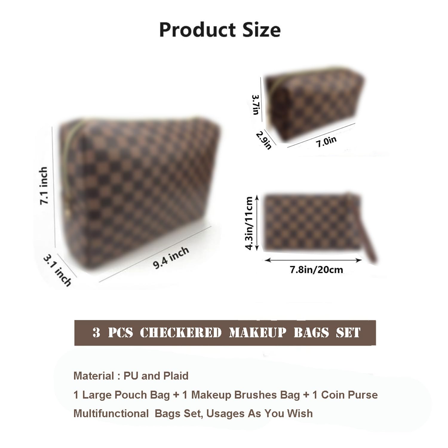 bopomofo Brown Checkered Cosmetic Bag 3 Pack – Large Pouch, Brush Holder & Coin Purse, Lightweight & Waterproof