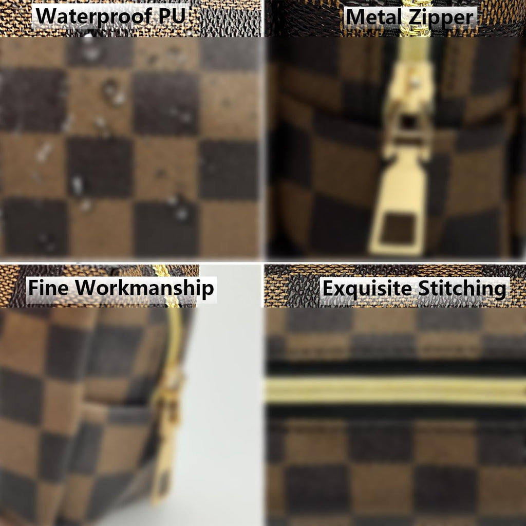 bopomofo Brown Checkered Cosmetic Bag 3 Pack – Large Pouch, Brush Holder & Coin Purse, Lightweight & Waterproof