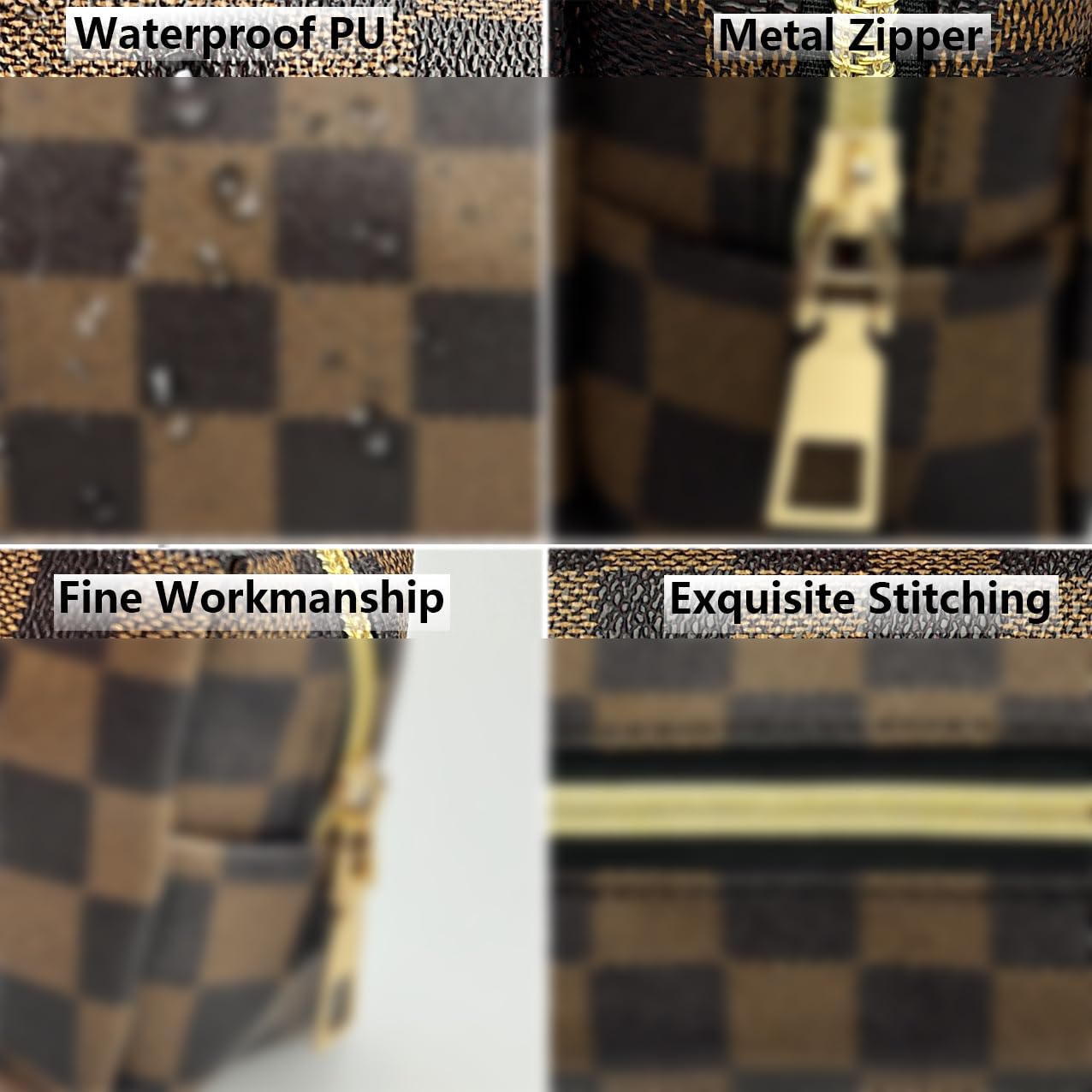 bopomofo Brown Checkered Cosmetic Bag 3 Pack – Large Pouch, Brush Holder & Coin Purse, Lightweight & Waterproof