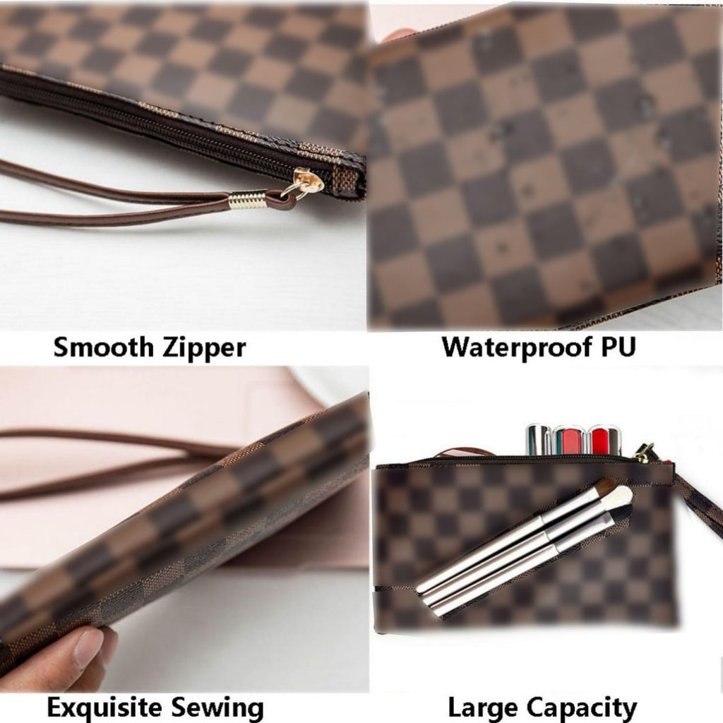 bopomofo Brown Checkered Cosmetic Bag 3 Pack – Large Pouch, Brush Holder & Coin Purse, Lightweight & Waterproof