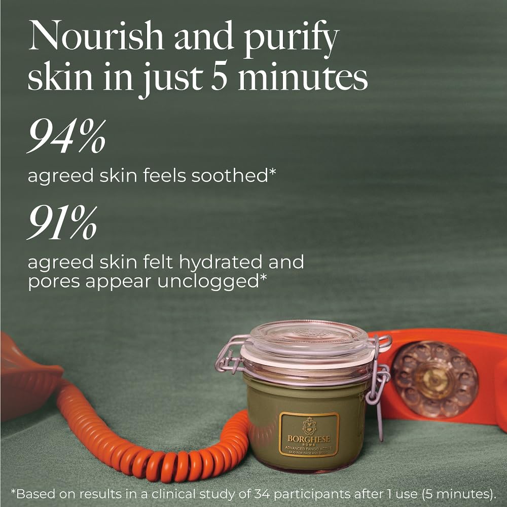 Borghese Advanced Fango Active Mud Mask for Face & Body – Detoxifying Bentonite Clay + Hyaluronic Acid, 2.7 oz Tube, For Normal to Oily Skin