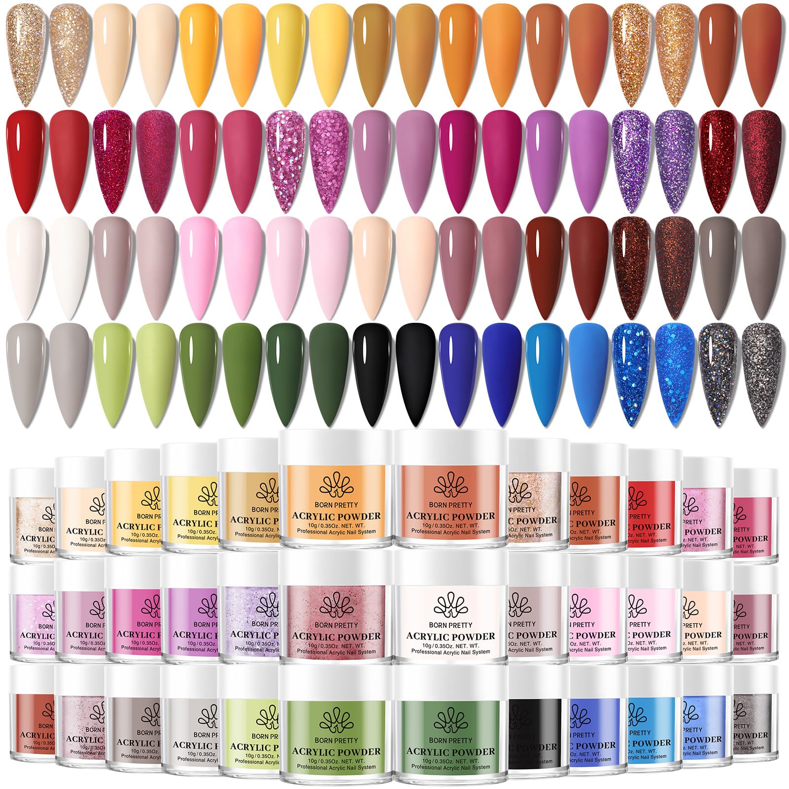 Born Pretty 36-Color Acrylic Powder Set for Fall & Winter – No Lamp Needed, Long-Lasting Nail Art Kit