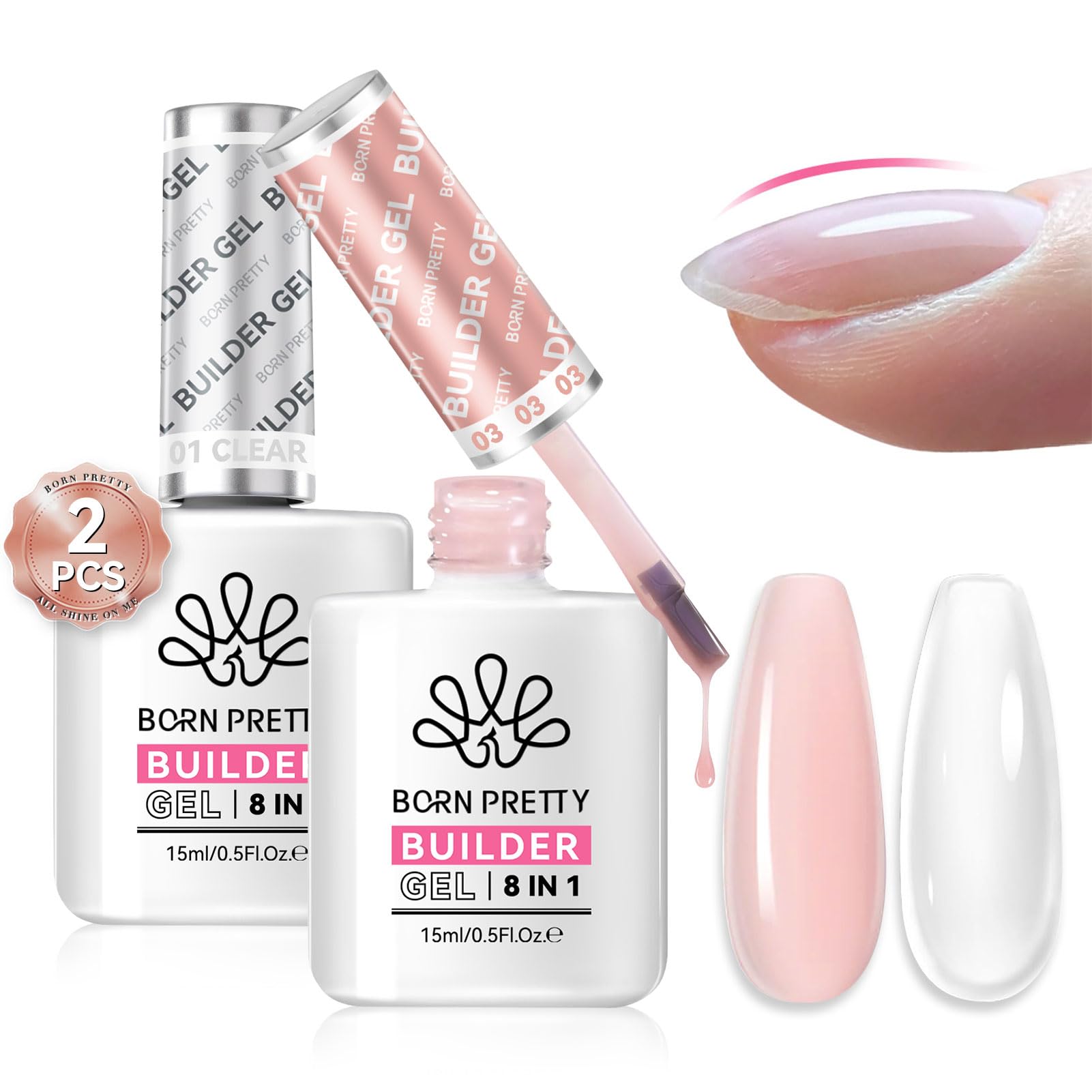 Born Pretty Builder Gel 8-in-1 for Nails – 15ml Clear & Pink Set | Base Gel, Extension Gel, Rhinestone Glue
