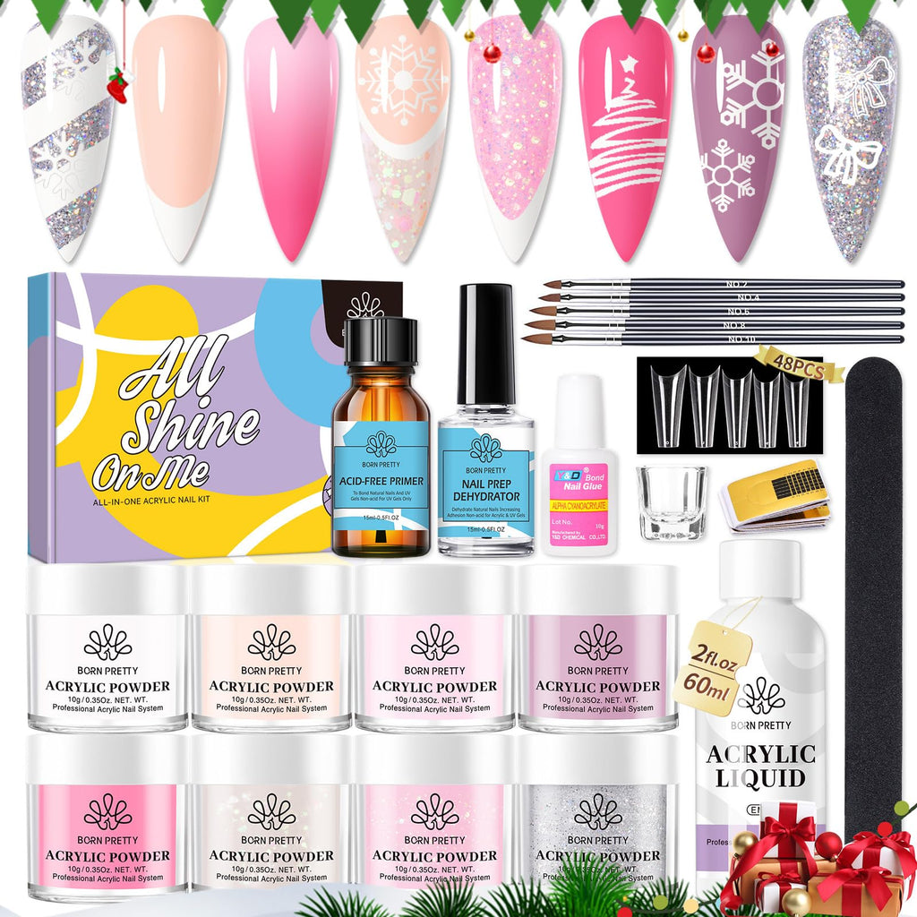 Born Pretty 87-Piece Acrylic Nail Kit for Beginners – Pink/White Glitter Powders + Monomer & Nail Prep Set