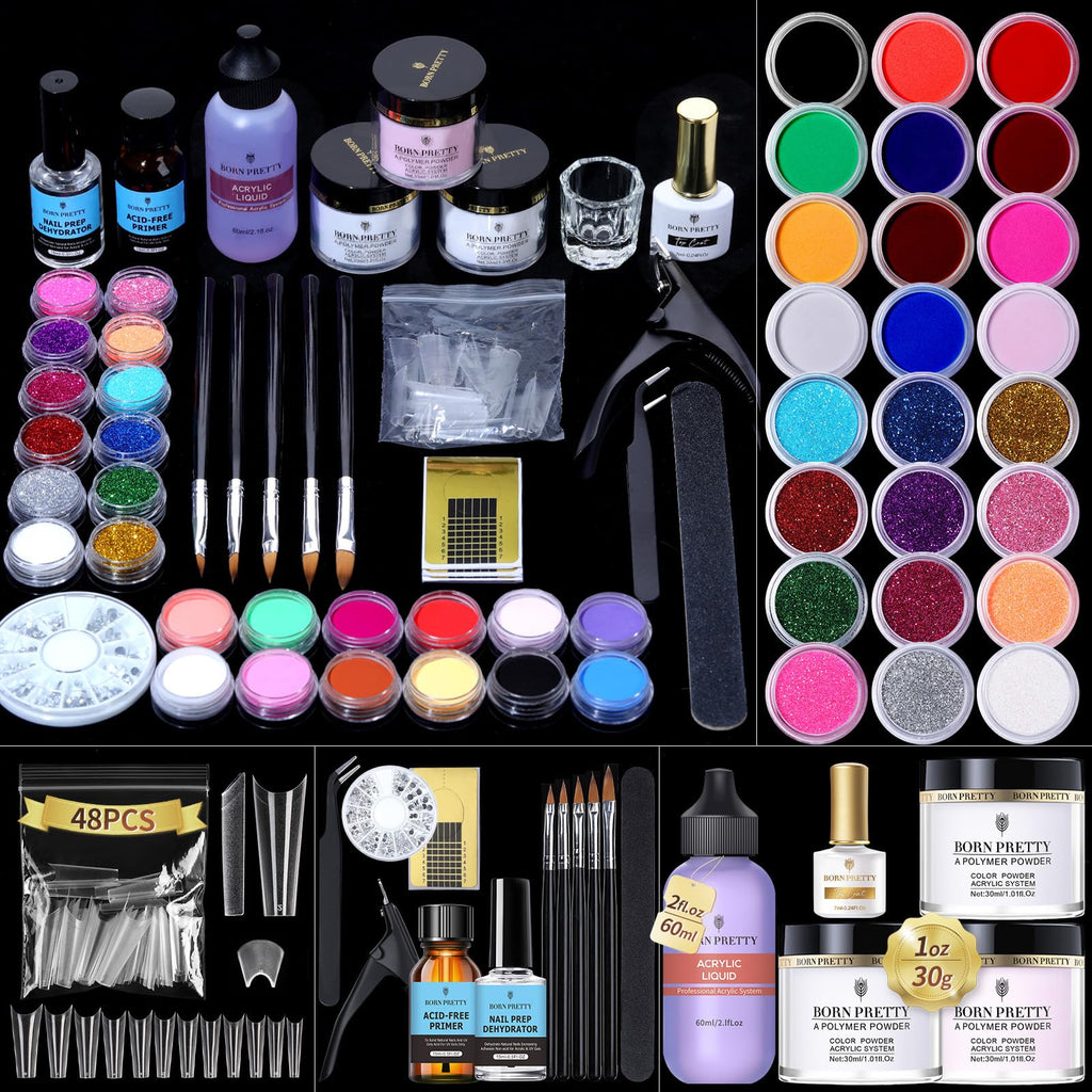 Born Pretty Acrylic Nail Kit – 96Pcs Powder & Liquid Set with 24 Glitter Colors
