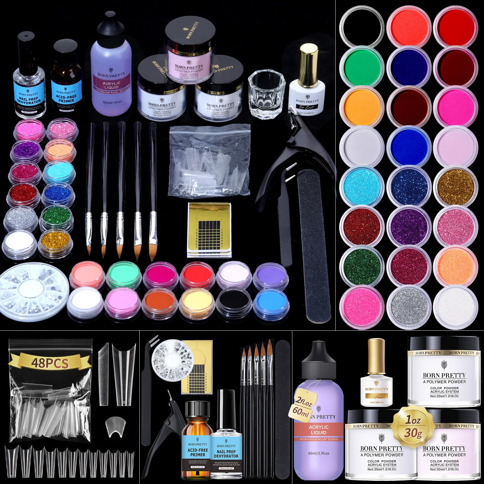 Born Pretty Acrylic Nail Kit – 96Pcs Powder & Liquid Set with 24 Glitter Colors
