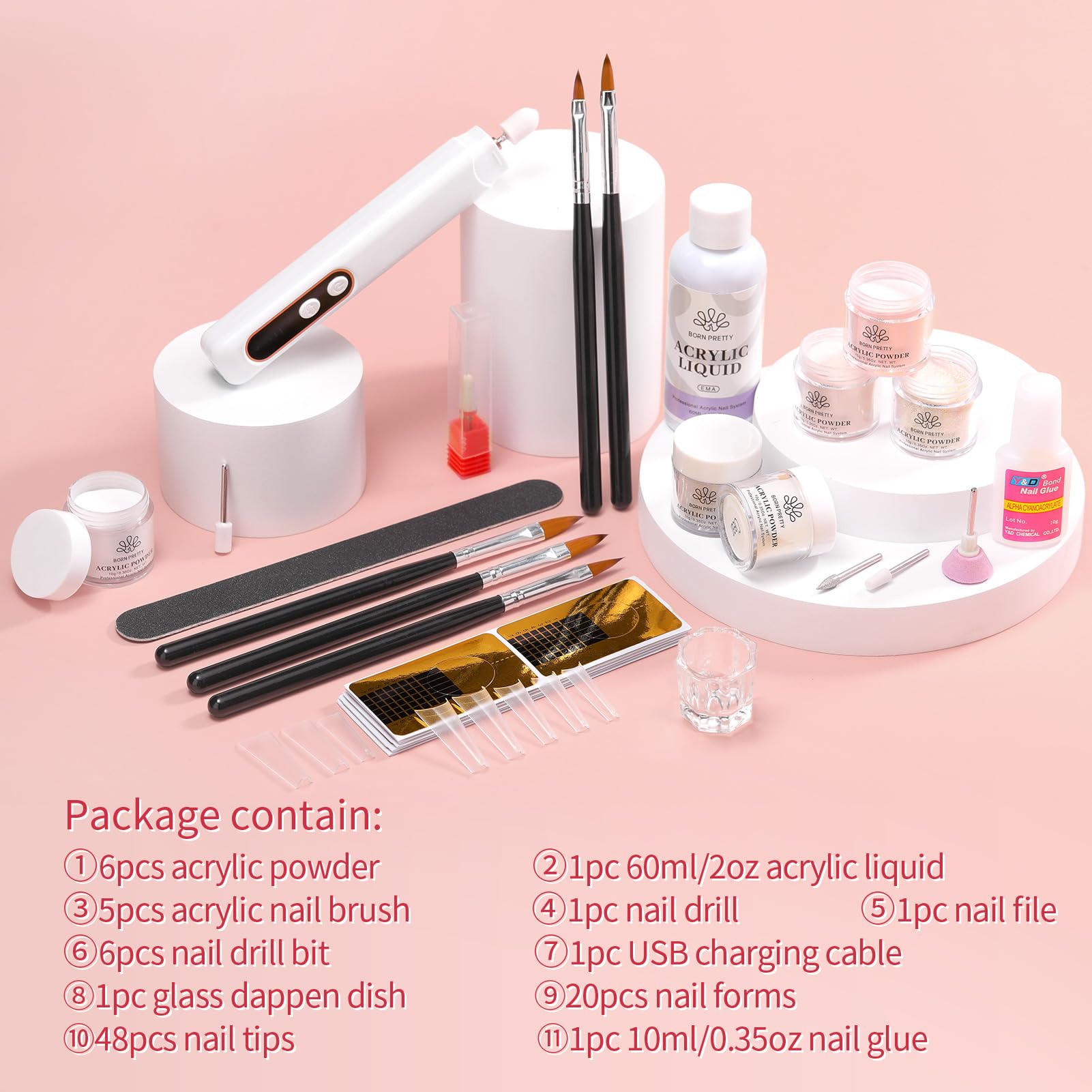 Born Pretty Acrylic Nail Kit with Drill – 92Pcs Starter Set for DIY Home Manicures