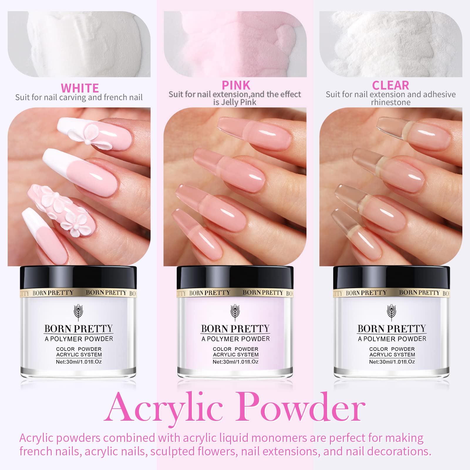 Born Pretty Acrylic Nail Kit – 96Pcs Powder & Liquid Set with 24 Glitter Colors
