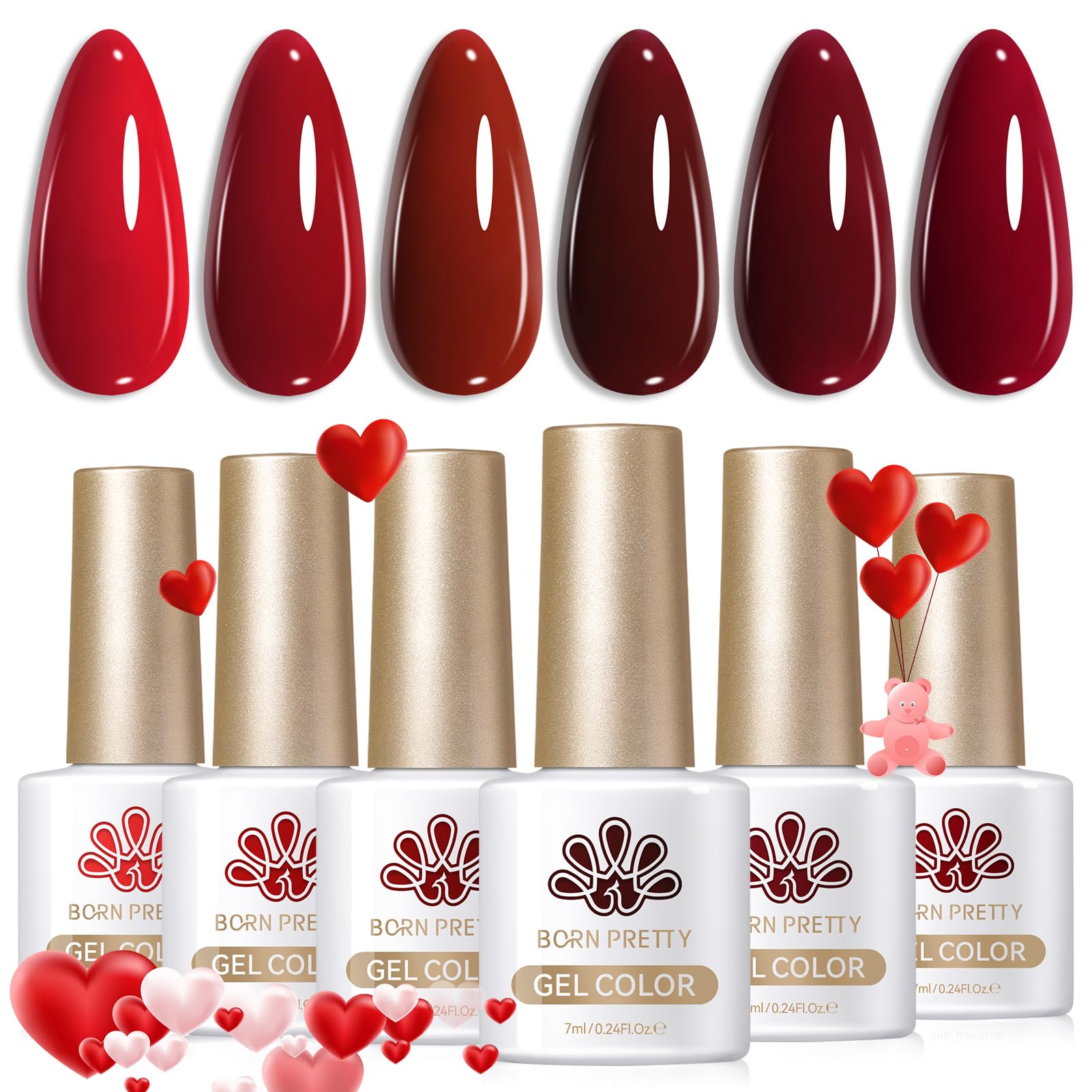 Born Pretty Red Gel Nail Polish Set – Burgundy, Blood Red, Cherry, Wine Red, 7ml x6