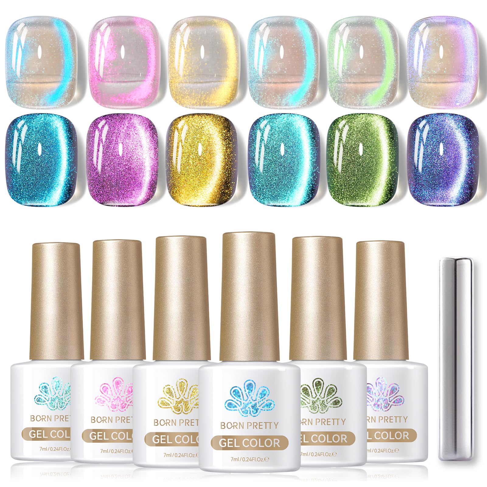 Born Pretty Cat Magnetic Eye Gel Nail Polish – Aurora Mermaid Blue Purple Pink Yellow Red, 6PCS 7ml for Nail Art & DIY