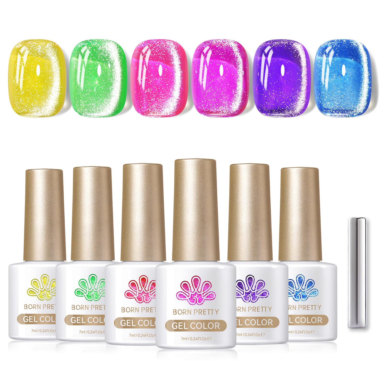 Born Pretty Cat Magnetic Gel Nail Polish Set — 6 Neon Shimmer Cat Eye Polishes