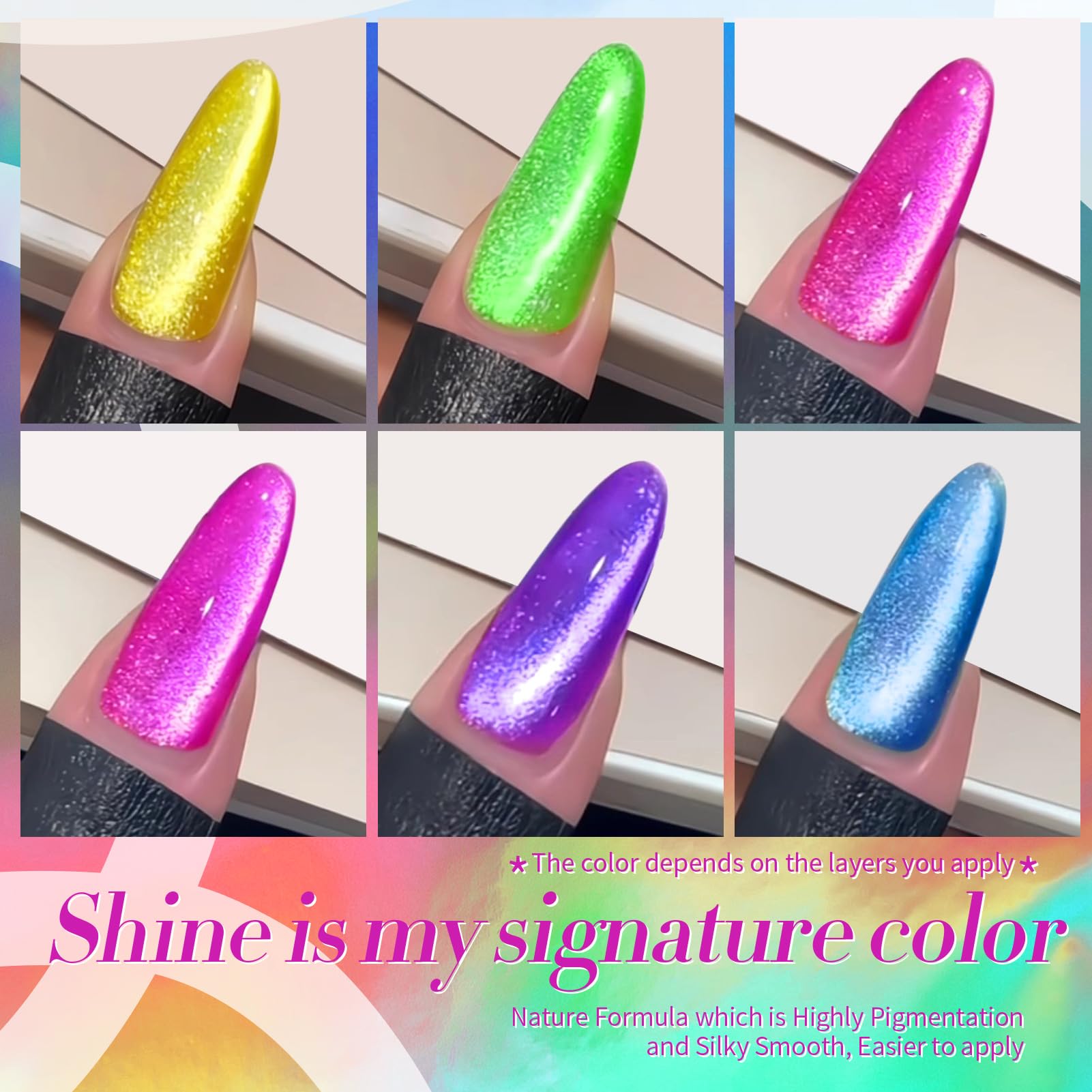 Born Pretty Cat Magnetic Gel Nail Polish Set — 6 Neon Shimmer Cat Eye Polishes