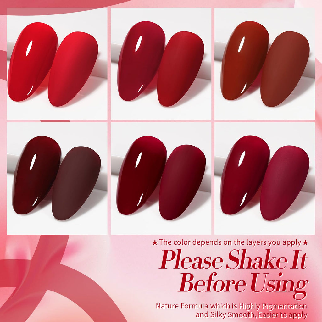 Born Pretty Red Gel Nail Polish Set – Burgundy, Blood Red, Cherry, Wine Red, 7ml x6