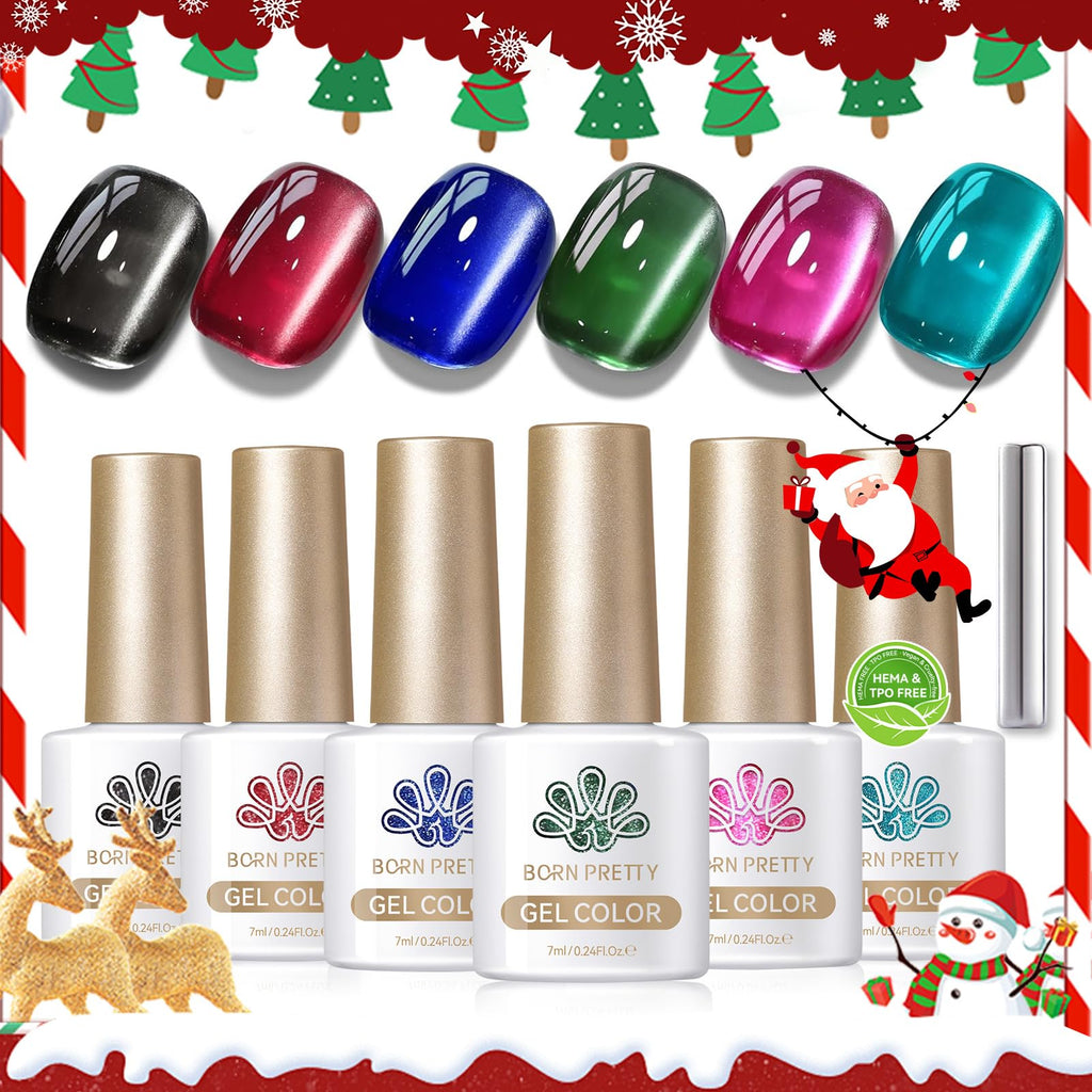 Born Pretty Christmas Cat Magnetic Eye Gel Nail Polish Set – 6 Colors (7ml each) for Holiday Manicure