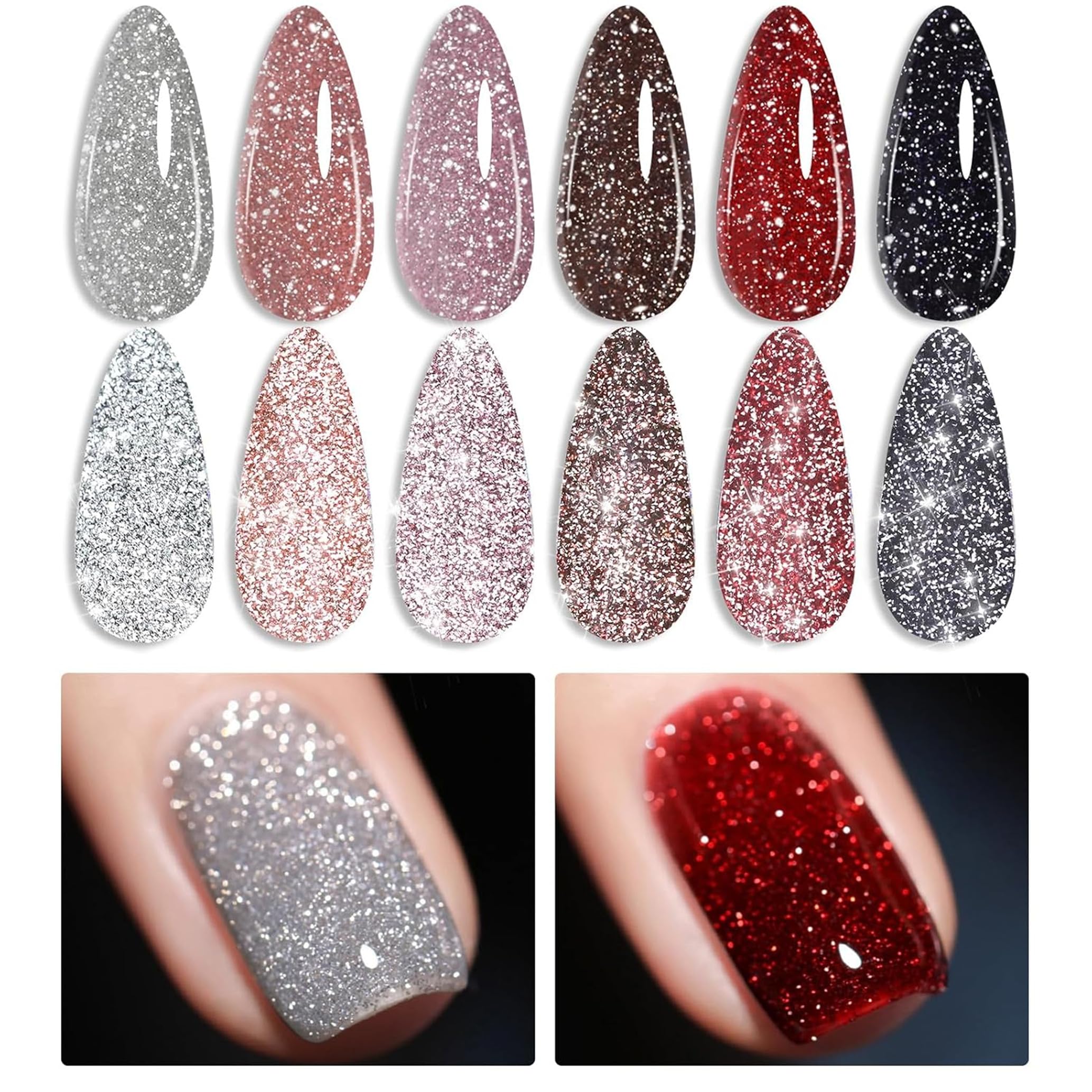 Born Pretty Reflective Red Glitter Gel Polish 6-Pack 7ml | Christmas Disco Nails