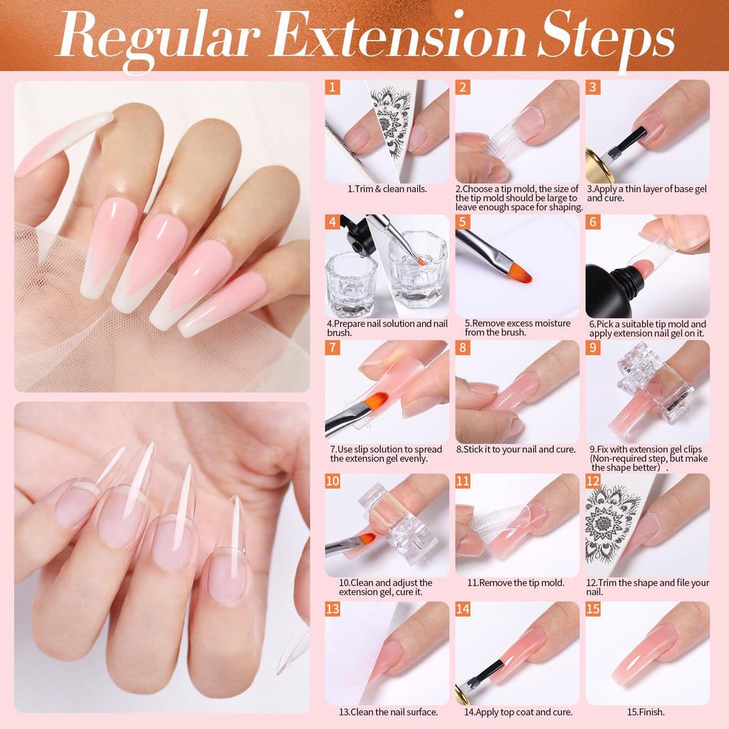 Born Pretty Poly Extension Gel Kit – 12 Colors Nude Pink Set with Mini LED Lamp, Base Coat & Top Coat