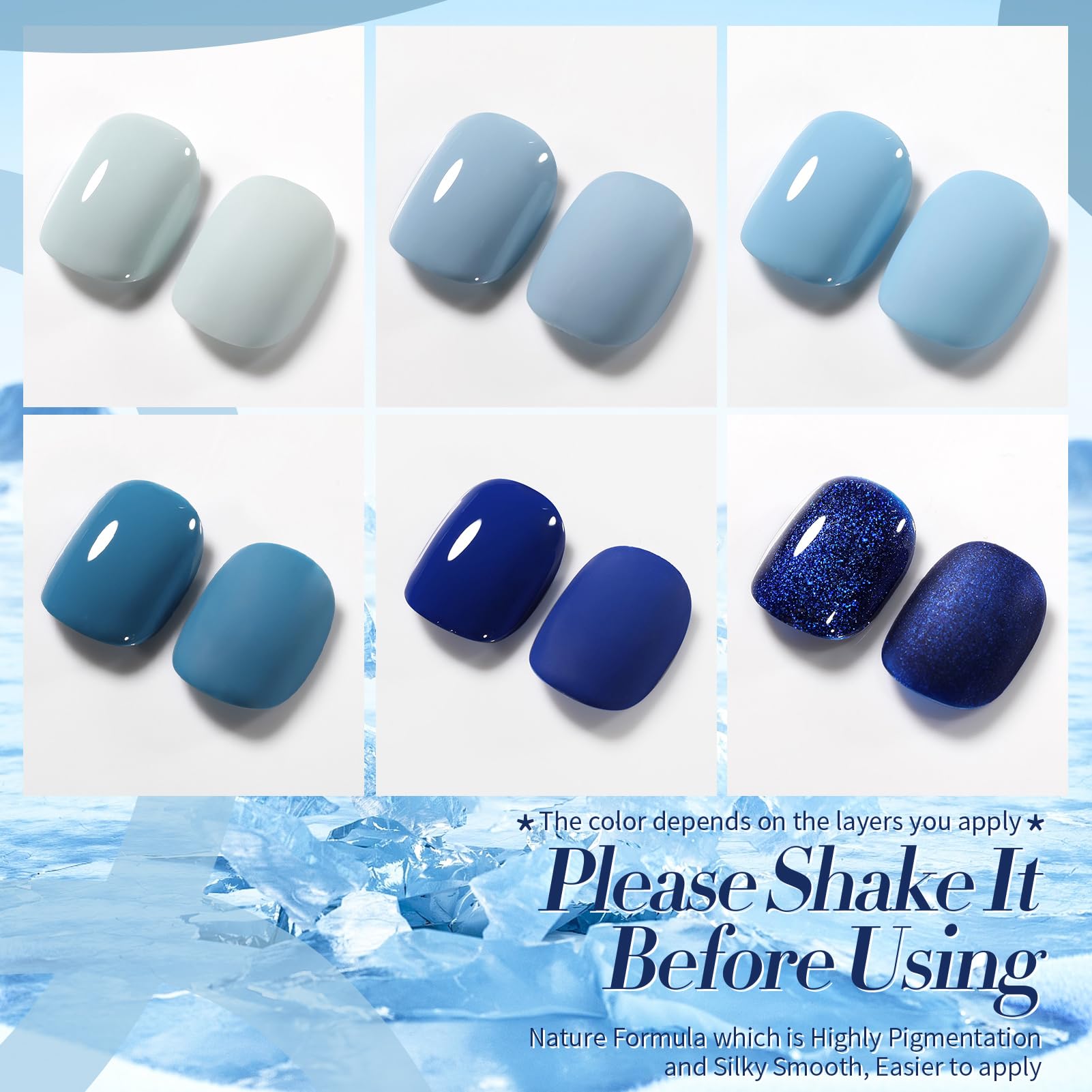 Born Pretty Blue Gel Nail Polish Kit – 6 Gradient Blues with Glitter & Long-Lasting Color