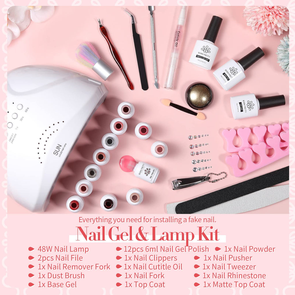 Born Pretty Jelly Gel Nail Polish Kit – 28Pcs with 48W UV Lamp, 12 Colors + Base/Top Coat