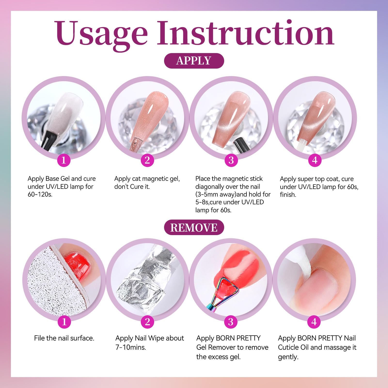 Born Pretty Cat Magnetic Eye Gel Nail Polish Set – 6×7ml Pink & Blue Crystal Glitter, HEMA/TPO Free, DIY at Home