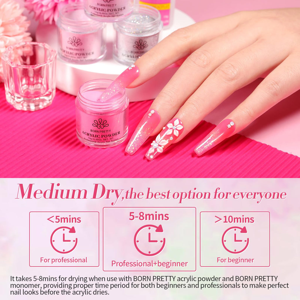 Born Pretty 87-Piece Acrylic Nail Kit for Beginners – Pink/White Glitter Powders + Monomer & Nail Prep Set