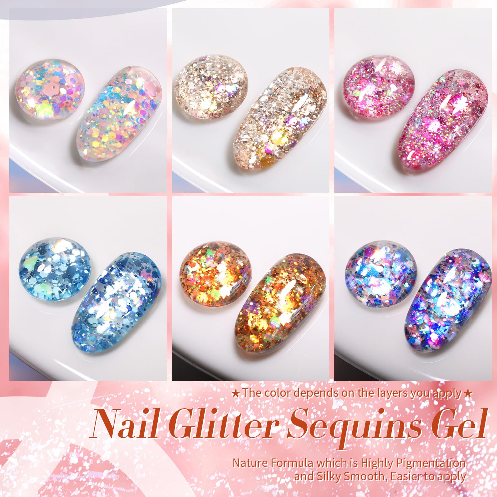 Born Pretty Glitter Sequins Gel Nail Polish Set – 6x7ml Sparkle Shiny Gel Polish for DIY Nail Art