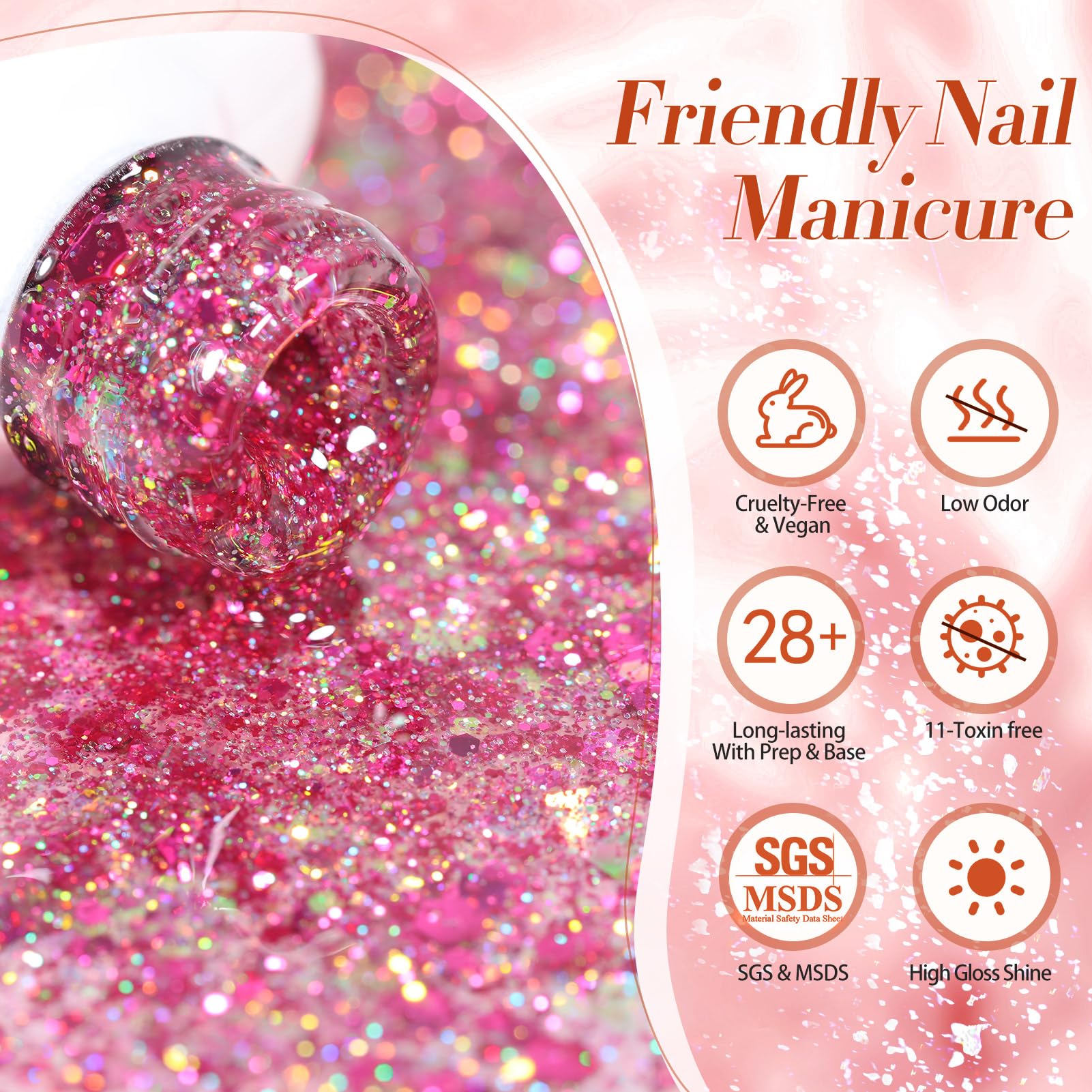 Born Pretty Glitter Sequins Gel Nail Polish Set – 6x7ml Sparkle Shiny Gel Polish for DIY Nail Art