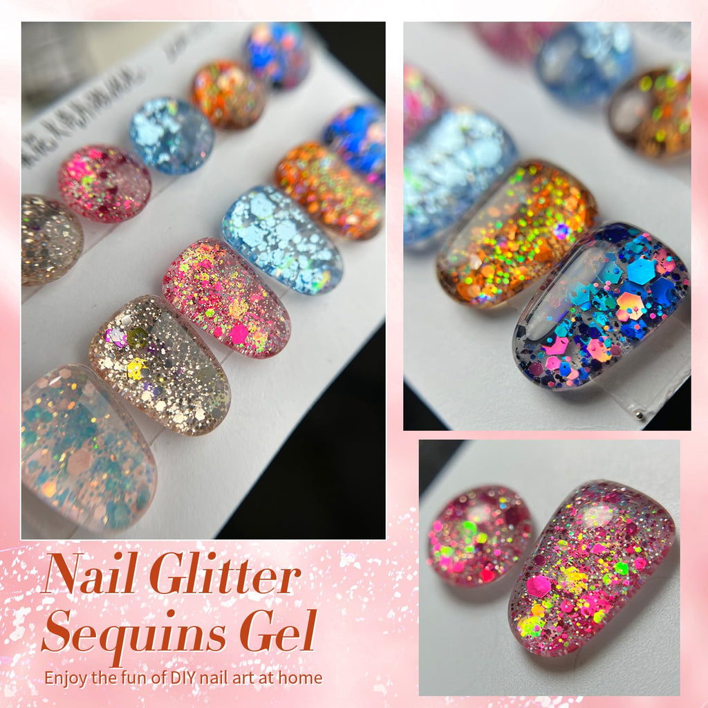 Born Pretty Glitter Sequins Gel Nail Polish Set – 6x7ml Sparkle Shiny Gel Polish for DIY Nail Art