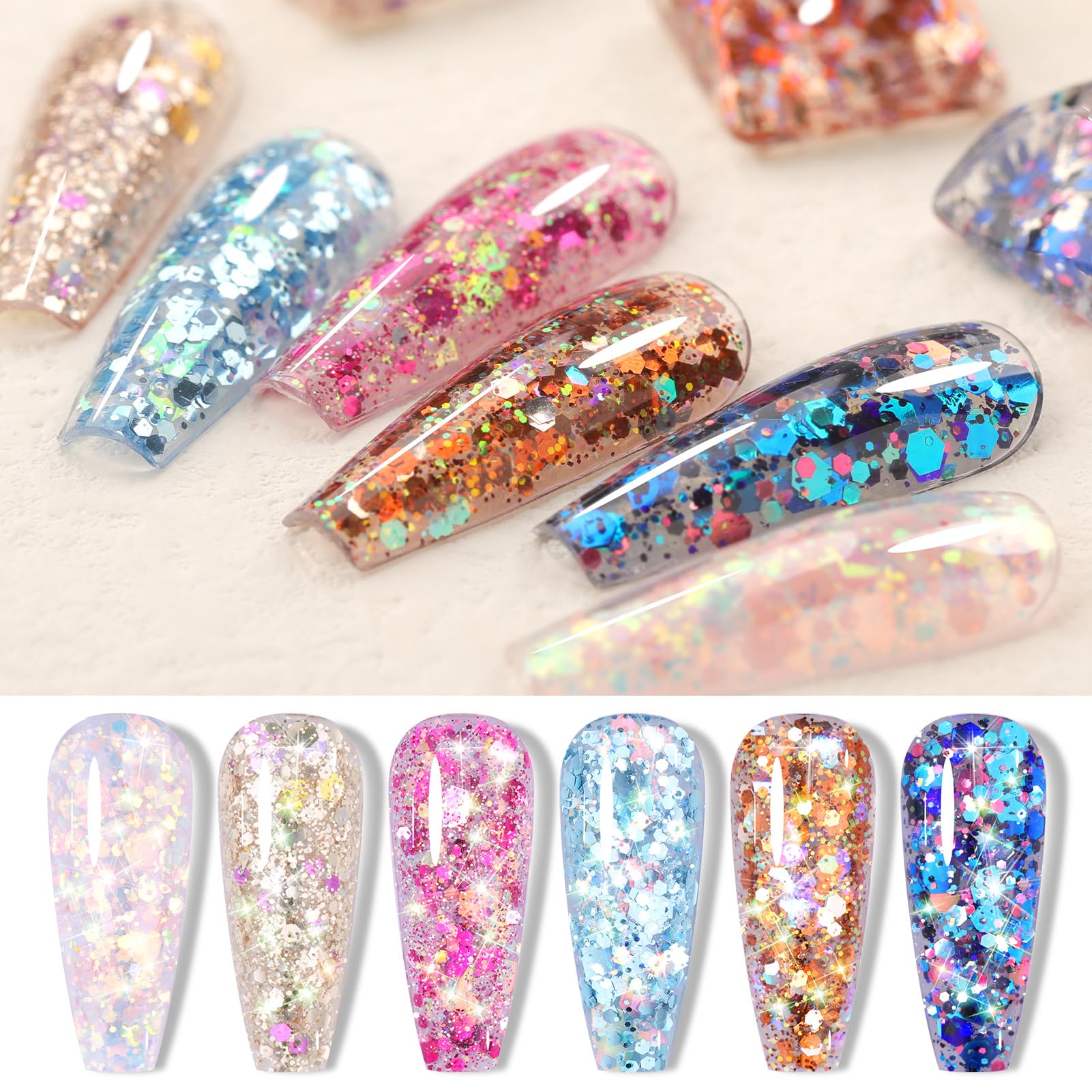 Born Pretty Glitter Sequins Gel Nail Polish Set – 6x7ml Sparkle Shiny Gel Polish for DIY Nail Art