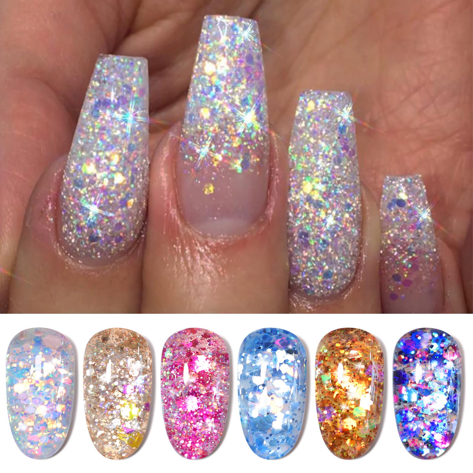 Born Pretty Glitter Sequins Gel Nail Polish Set – 6x7ml Sparkle Shiny Gel Polish for DIY Nail Art